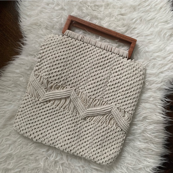 Shiraleah macrame’ handbag with wooden handle NEW never used, large size - Picture 1 of 10